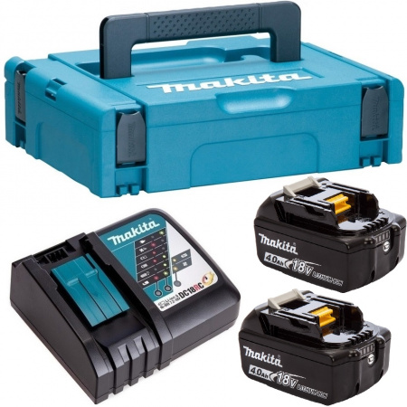 Набор Makita 198310-8: 2 аккумулятора BL1840B 18В, 4.0 Ач, зарядное устройство DC18RC, кейс MakPac 