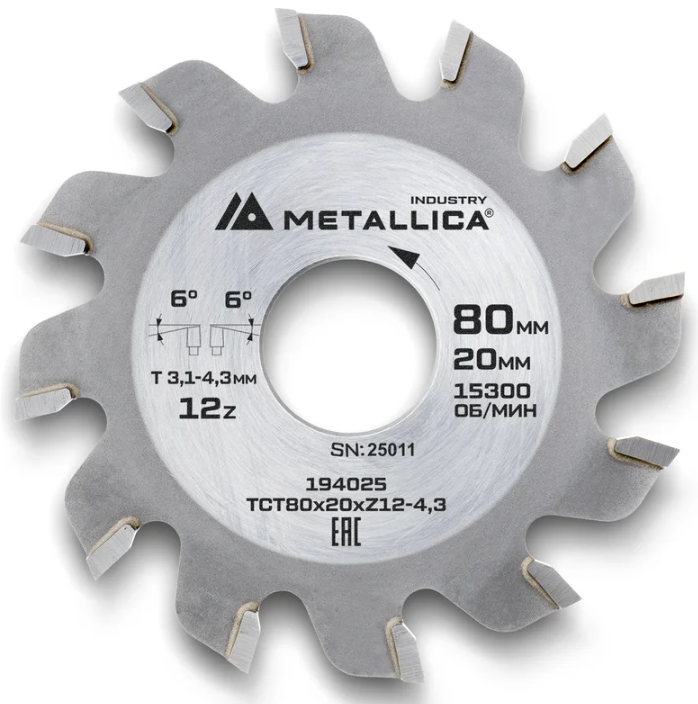Диск подрезной METALLICA Industry 80x20 мм, 12 конических зубов, T=3,1-4,3 мм по ламин. панелям 194025