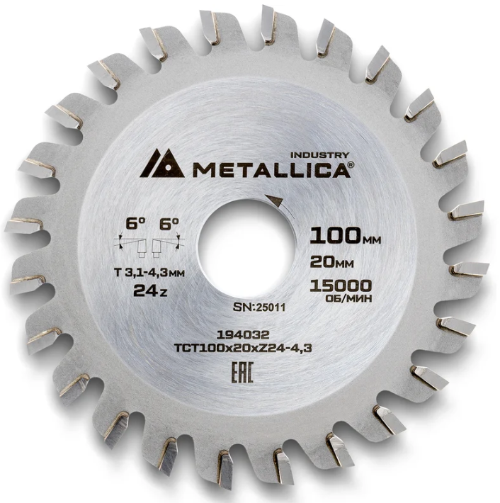 Диск подрезной METALLICA Industry 100x20 мм, 24 конических зуба, T=3,1-4,3 мм по ламин. панелям 194032