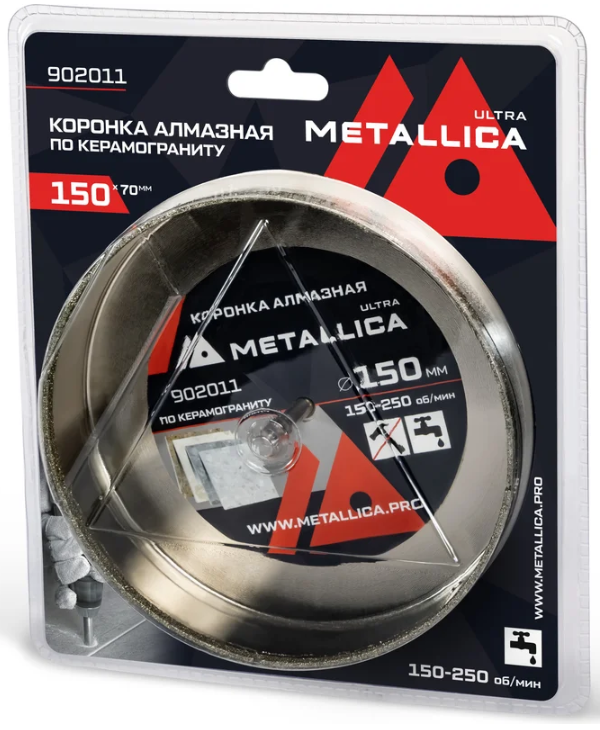Коронка алмазная METALLICA Ultra 150х70 мм, #46, с сверлом, по керамограниту, плитке, в блистере 902011