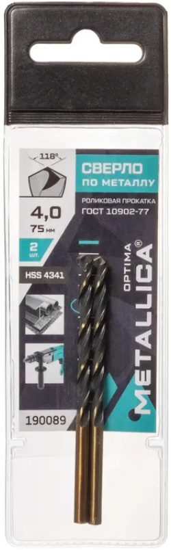 Сверло по металлу METALLICA Optima 4,0х75/43 мм, HSS4341-RF, подточка, 2 шт. 190089